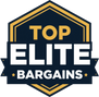 A digital badge or logo featuring a dark navy blue shield with gold and white text that reads 'TOP ELITE BARGAINS'.